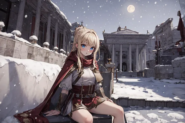 ((masterpiece)), (best quality), official art, extremely detailed CG, unity 8k wallpaper, ultra detailed, highly detailed, detailed background, photorealistic,
(romanarmy:1.2), (female romanarmy warrior with red cape:1.2), blue eyes, blonde hair, long hair, looking at looking at viewer, narrow waist, small breasts, sitting, 
roman temple, night, dark, moon, (snowing:1.4),  
EdobAncientRome, <lora:EdobAncientRome_v1.0:0.6>, <lora:ARWromanarmy:0.8>,