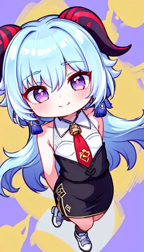 (BSCON STYLE,CUTE,BIG EYES,THICK OUTLINES),(CHIBI:1.33),(full bady:1.5),sweet smile,(flat chest:1.33),arms at sides,(arms behind back:1.33),
1girl,ganyu (genshin impact),solo,horns,long hair,blue hair,purple eyes,looking at viewer,neck bell,bangs,tassel,gold trim,thighlet,cowbell,goat horns,chinese knot,flower knot,blush,
(miniskirt,jewelry, earrings,pencil skirt,office lady,white (sleeveless) shirt,red long necktie,black skirt,collared shirt,dress shirt,button gap, (shirt tucked in)),(white shoes:1.33),
standing,
(Colorful psychedelic background:1.22),
<lora:BSCON_V1:1>,<lora:ganyu:0.8>,