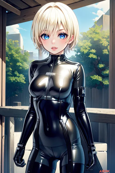 ((masterpiece)), (best quality), official art, extremely detailed CG, unity 8k wallpaper, ultra detailed,
laingocpus, short hair, lips, blue eyes, blonde hair, tan bodysuit, skin tight, gloves, latex, <lora:laughingoctopus:0.7>, cowboy shot, outdoors,