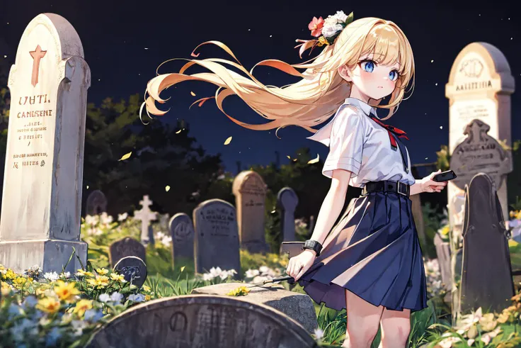 ((masterpiece)), (best quality), official art, extremely detailed CG, unity 8k wallpaper, ultra detailed, highly detailed,  
1girl, (mathayom uniform), white shirt, short sleeves, (black pleated long skirt) , belt,miniskirt,  <lora:mathayom22:0.8>, sad, blonde hair, long hair, blue eyes, 
looking at a tombstone, holding flowers, (from side:0.8),
EdobGraveyardEngland cemetery, (night:1.4), shooting stars, dark night, petal, floating hair, wind, 
<lora:EdobGraveyardEngland_v1.0:0.8>