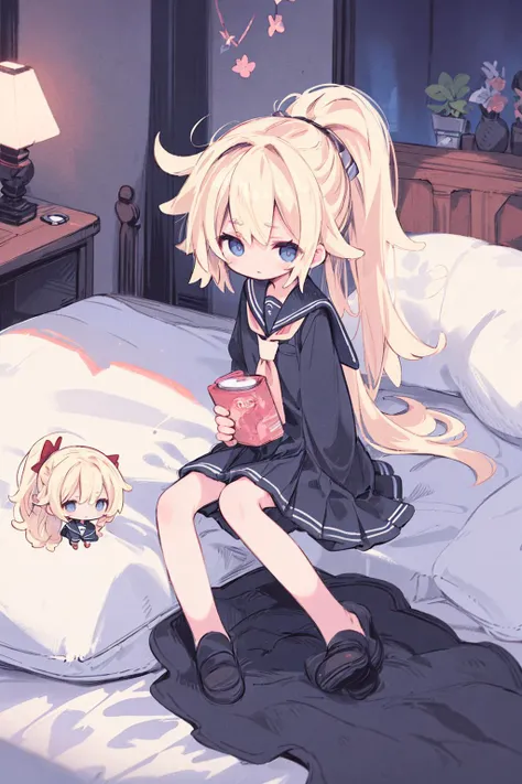 ((masterpiece)), (best quality), official art, extremely detailed CG, unity 8k wallpaper, ultra detailed, highly detailed, detailed background, vivid color, photorealistic, perfect lighting, best illumination,
1girl, laying, on bed, school uniform, serafuku, blonde hair, ponytail, blue eyes, expressionless,
chibi, <lyco:chibi:1.0>
