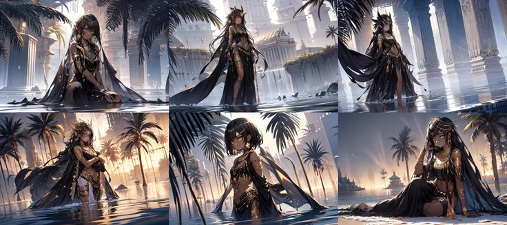 (otherworldly, otherworldly atmosphere, otherworldly appearance), highly insanely detailed, masterpiece, top quality, best quality, highres, 4k, 8k, RAW photo, (( best quality)), extremely detailed cg 8k wallpaper, bright colors, Dramatic light, photoreal full body fantasy art game art, (wide-angle lens, Panoramic:1.2), watery eyes, beautiful face, 1girl, dynamic angle, casting pose, (freckles:0.8), midriff, navel, dusk lighting, (cold attitude, eyeshadow, eyeliner:1.6), gold lips, (gold eyes), (dark skin, black skin, shiny skin:1.5), water, makeup, solo focus, bare shoulders, palm tree, building, shawl, gold choker, royal, <lora:egyptian_20230828163434:0.6>, (fantasy world)