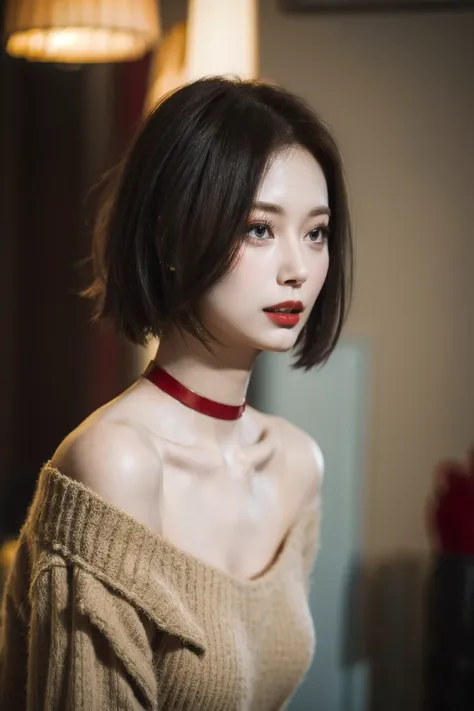 best quality, masterpiece, (photorealistic:1.4), 1girl, Red Sweater, Choker, short hair, <lora:Tzyzusu-05:0.8> <lora:MoosMST1:1>