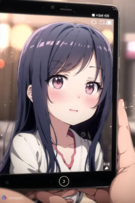 ogipote, photo, anime girl on screen of smartphone, bedroom, pov, Bokeh