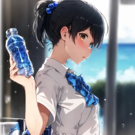 ogipote, 1girl, solo, breasts, looking at viewer, blush, short hair, bangs, shirt, black hair, hair ornament, bow, holding, brown eyes, school uniform, white shirt, upper body, ponytail, short sleeves, sidelocks, sweat, outdoors, parted lips, sky, day, collared shirt, cloud, hand up, bowtie, water, bag, blurry, from side, blue sky, plaid, profile, depth of field, blurry background, blue bow, bottle, hair bobbles, letterboxed, close-up, sleeves rolled up, short ponytail, water drop, blue bowtie, sideways glance, holding bottle, summer, water bottle, armpit peek, ramune