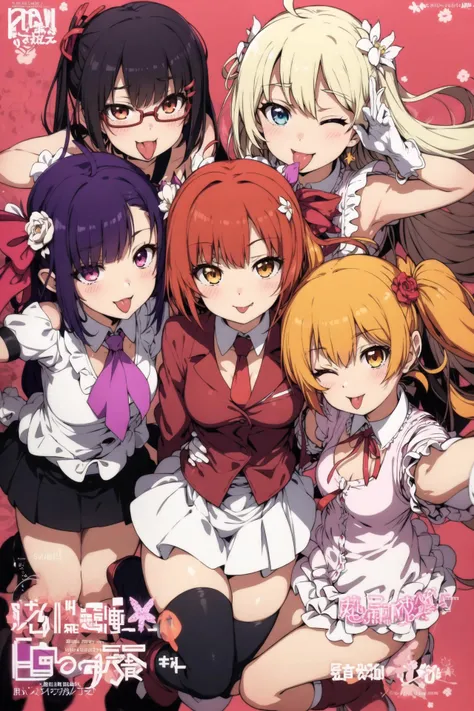 ogipote, long hair, looking at viewer, blush, smile, short hair, open mouth, blue eyes, multiple girls, skirt, blonde hair, brown hair, black hair, hair ornament, red eyes, thighhighs, gloves, bow, ribbon, twintails, brown eyes, school uniform, green eyes, purple eyes, hair ribbon, yellow eyes, purple hair, flower, ahoge, :d, red hair, hairband, boots, one eye closed, necktie, glasses, serafuku, tongue, artist name, white gloves, hair flower, tongue out, orange hair, zettai ryouiki, orange eyes, v, copyright name, 6+girls, cover, ;d, :p, double v, album cover