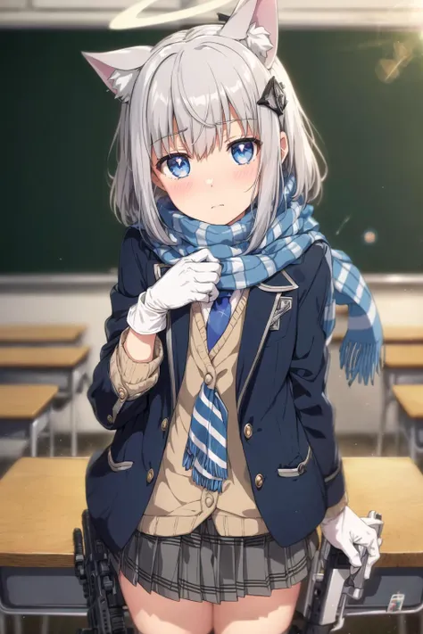 ogipote, 1girl, solo, long hair, looking at viewer, blush, short hair, bangs, blue eyes, skirt, shirt, hair ornament, gloves, long sleeves, animal ears, hair between eyes, closed mouth, school uniform, jacket, white shirt, weapon, grey hair, pleated skirt, open clothes, necktie, striped, indoors, cat ears, medium hair, scarf, blurry, open jacket, animal ear fluff, gun, plaid, depth of field, halo, plaid skirt, table, wolf ears, blazer, blue jacket, extra ears, rifle, lens flare, desk, single glove, reflection, blue necktie, blurry foreground, classroom, chromatic aberration, assault rifle, school desk, magic circle, id card, blue scarf, chalkboard, fringe trim, striped scarf, cross hair ornament, mismatched pupils, sig sauer, shiroko (blue archive)