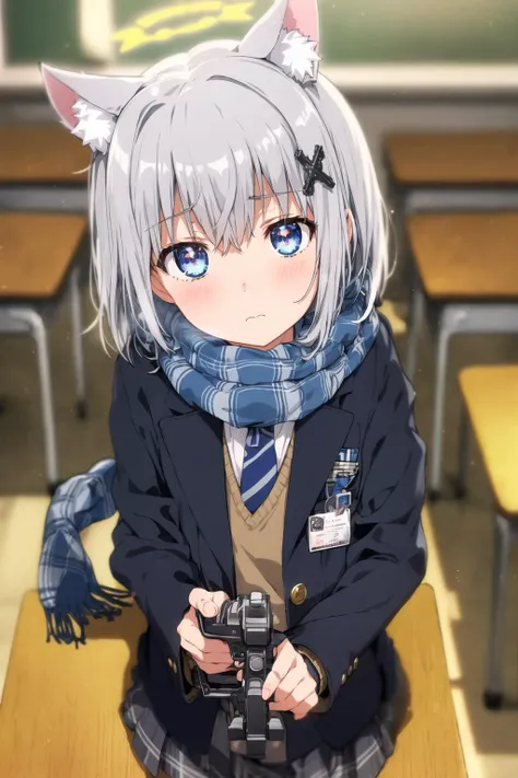 ogipote, 1girl, solo, long hair, looking at viewer, blush, short hair, bangs, blue eyes, skirt, shirt, hair ornament, gloves, long sleeves, animal ears, hair between eyes, closed mouth, school uniform, jacket, white shirt, weapon, grey hair, pleated skirt, open clothes, necktie, striped, indoors, cat ears, medium hair, scarf, blurry, open jacket, animal ear fluff, gun, plaid, depth of field, halo, plaid skirt, table, wolf ears, blazer, blue jacket, extra ears, rifle, lens flare, desk, single glove, reflection, blue necktie, blurry foreground, classroom, chromatic aberration, assault rifle, school desk, magic circle, id card, blue scarf, chalkboard, fringe trim, striped scarf, cross hair ornament, mismatched pupils, sig sauer, shiroko (blue archive)