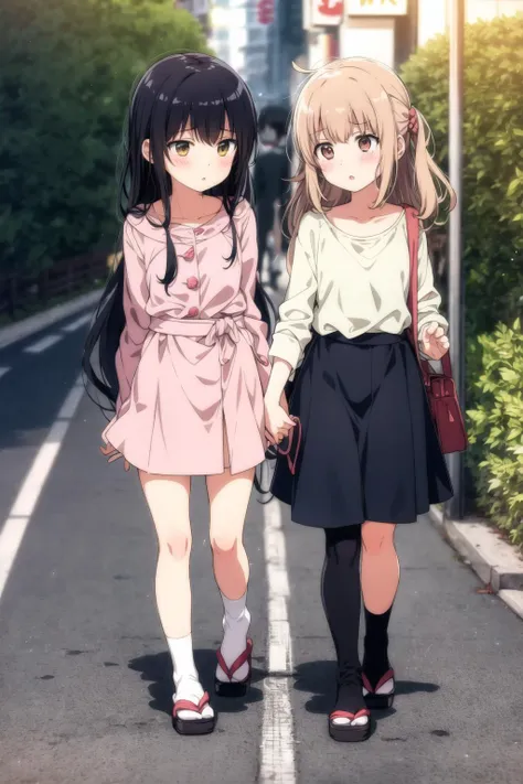 ogipote, 2girls, long hair, blush, tokyo, walking, full body,