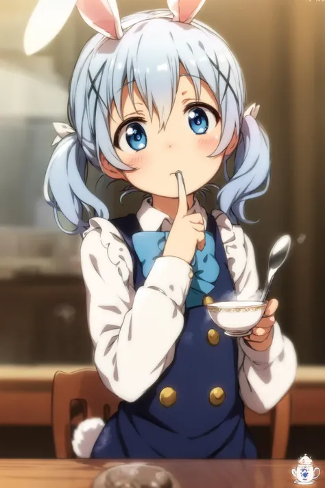 ogipote, 1girl, solo, long hair, looking at viewer, blush, bangs, blue eyes, shirt, hair ornament, long sleeves, bow, holding, hair between eyes, twintails, blue hair, white shirt, upper body, sidelocks, hairclip, artist name, indoors, bowtie, blurry, uniform, character name, vest, cup, sleeves past wrists, copyright name, depth of field, blurry background, animal, blue bow, table, x hair ornament, steam, teacup, =_=, rabbit, spoon, blue bowtie, covered mouth, waitress, light blue hair, blue vest, saucer, coffee, holding spoon, rabbit house uniform, angora rabbit, kafuu chino, tippy (gochiusa)