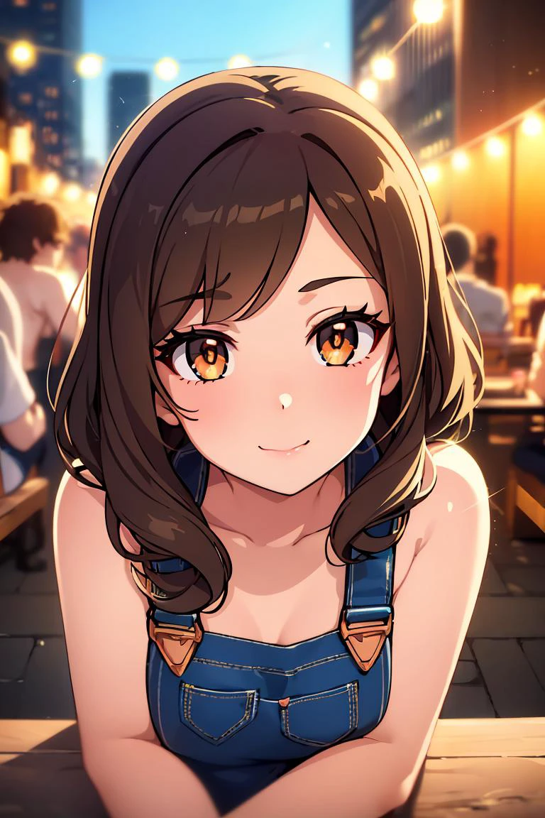 (masterpiece, best quality), 1girl, female youth, compact, berber, light brown eyes, deviated septum nose, triangle face shape, toned arms, , copper mermaid waves hair, contempt wearing summer overalls, satin cami, , teasing look, gazing with a playful and teasing expression, igniting curiosity and attraction, city lights, the glittering lights of a cityscape, providing a backdrop for urban romance, a sunny garden party, with friends enjoying refreshments and engaging in lively discussions