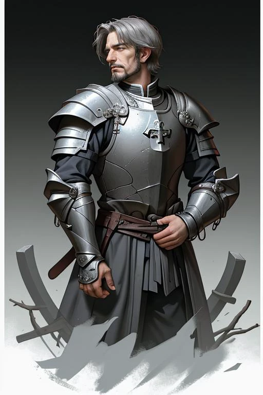 best quality,masterpiece,(1man, old male:1.2), frail, amber eyes, gray hair, fade with goatee, solo, from front, front view, half shot, detailed background, detailed face, (<lora:WorldofEarthTEST:0.7>, worldofearth theme:1.1), medieval crusader knight, solemn demeanor, wearing armor, crusader tabard, , ornate gauntlets, cross symbols, emanating chivalrous presence, honor, standing, walls of antioch in background, dawn breaking, ,