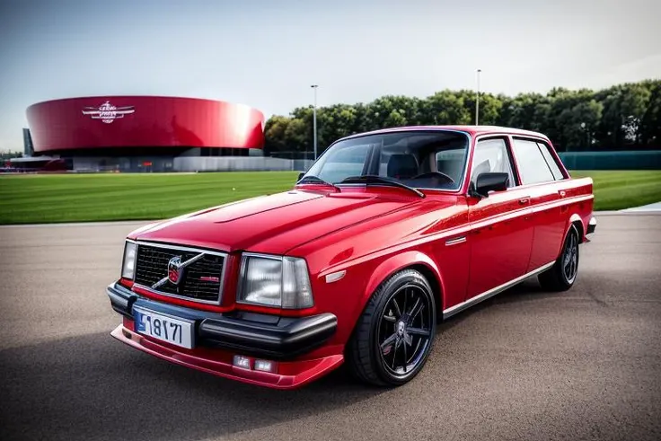 ((masterpiece)) ((high quality)) professional photograph of scarlet red volvo 240, <lora:Volvo_240_vng:0.7> (absurdres), high contrast, stadium in the background, (HDR), sponsors on car