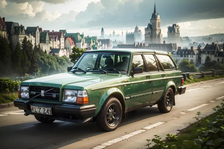 ((masterpiece)) ((high quality)) bright green volvo 240 wagon on a hill side, <lora:Volvo_240_vng:0.7> <lora:arcane_offset:0.8> (absurdres), high contrast, metropolis in background, (HDR) arcane style