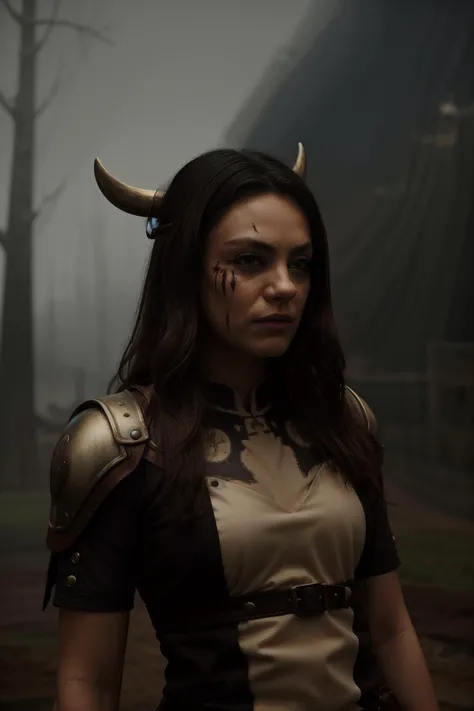 1girl, norse, battlescars,looking at viewer, solo, half shot, detailed background, (<lyco:SteamPunkBundleV3:0.4>, steampunkai, steampunk theme:1.1), nordic norse marauder, bloodthirsty expression, norse mythology, brown war paint on face, blood soaked, simple muted dark blue studded leather battle-tunic, mjolnir symbolism, rain, cinematic scene composition, viking dark fantasy atmosphere,, <lora:milakunis-03:1.1>((m1l4))