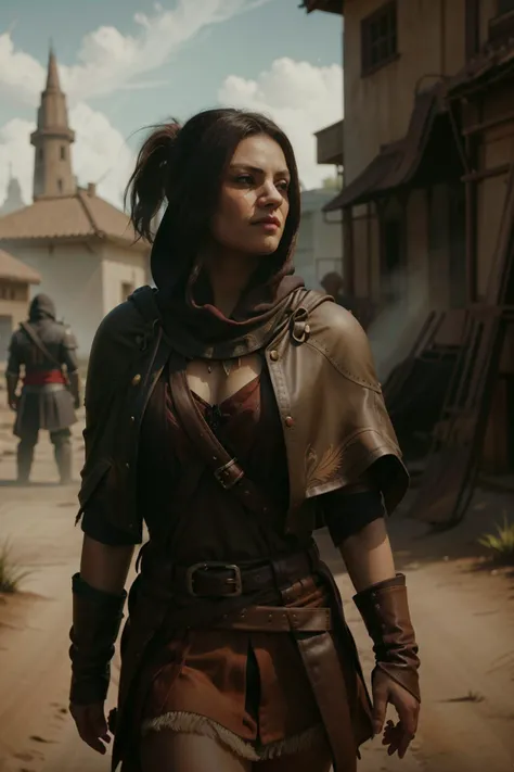 1girl,    looking down, solo, (full body:0.6), detailed background, <lora:TotemPunkAI:0.5>, totempunkai, forest,  colonial era, tribal markings, primitive, apache theme,  assassins creed, initiate assassin, hidden wrist-blade, black  leather assassin clothes, hood, cape, leather pouches, small knives, straps,  dynamic pose, fighting, closed gate in background,  dust, sunshine,,  <lora:milakunis-03:1.1>((m1l4))