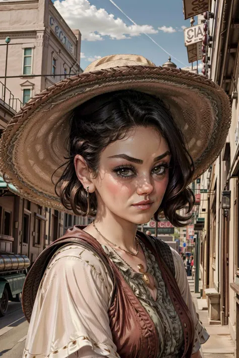 1girl,  portrait,  looking at viewer, focus on character, solo, (full body:0.6), detailed face, (<lora:ArtDecoAI:0.3>, ArtDecoAI, 1920s art deco theme:1.1), renegade, wide brimmed hat,    poncho,  necklace, dynamic movement, determined gaze, 19th century wild west,  wild west era red  canyon in background,  dusk, epic atmosphere, ,  <lora:milakunis-03:1.2> m1l4