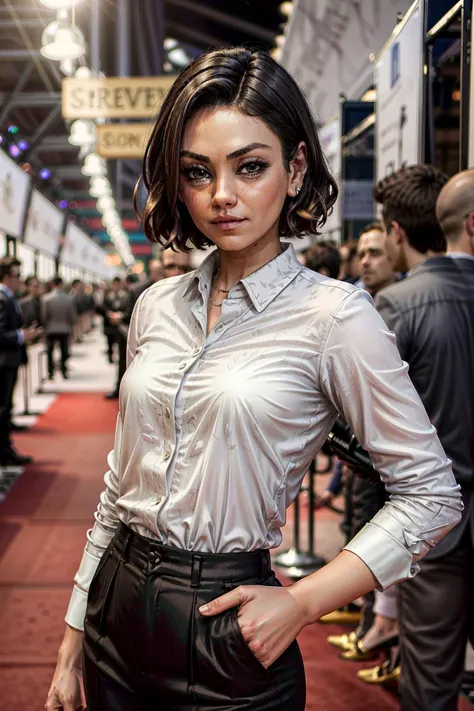 1girl,  solo,looking at viewer,  collared shirt,  pants,standing,  <lora:milakunis-03:1.2> m1l4, surrounded by people, red carpet,