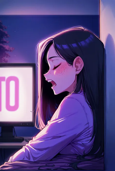 score_9,score_8_up,score_7_up,score_6_up,score_5_up,score_4_up rating_explicit, 1girl,solo,long hair,blush,open mouth,black hair,closed eyes,teeth,artist name,indoors,blurry,from side,profile,night,blurry background,sleeping,freckles,city,purple theme,monitor,neon lights,screen <lora:Jabstyle_AMXLV1:0.8> Jabstyle