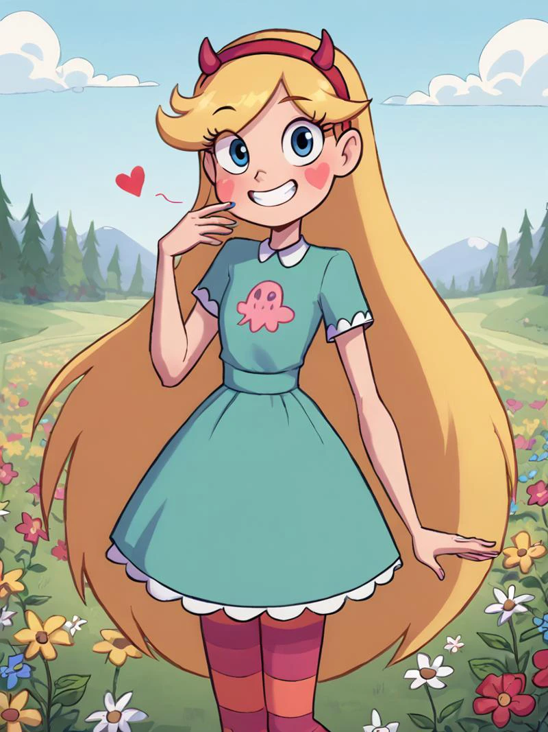 <lora:starpony:0.4> starbutterfly, 1girl, blonde hair, horned headwear, hairband, long hair, solo, teal dress, heart, blue eyes, facial mark, very long hair, smile,standing, flower field, rainbow, striped pantyhose, striped,looking at viewer, score_9,<lora:Smooth Anime Style LoRA XL:1> toon \(style\), <lora:Jabstyle_AMXLV1:1>