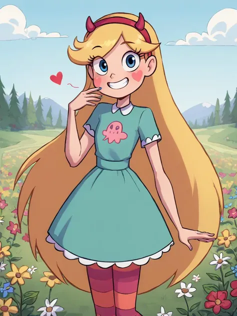 <lora:starpony:0.4> starbutterfly, 1girl, blonde hair, horned headwear, hairband, long hair, solo, teal dress, heart, blue eyes, facial mark, very long hair, smile,standing, flower field, rainbow, striped pantyhose, striped,looking at viewer, score_9,<lora:Smooth Anime Style LoRA XL:1> toon \(style\), <lora:Jabstyle_AMXLV1:1>
