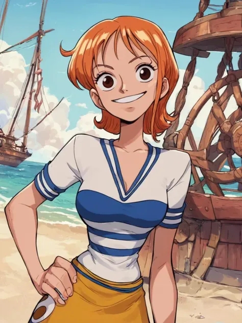 <lora:NamiPony1.0:0.7> nami, 1girl, short hair, orange hair, solo, striped shirt, yellow skirt, looking at viewer, smile, brown eyes,  upper body,hand on own hip,smile, score_9,beach,pirate ship  score_8_up, score_7_up, score_6_up , <lora:Jabstyle_AMXLV1:1>