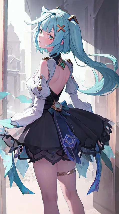 best quality,1girl,solo,expressionless,wallpaper,artbook,arms_at_sides,masterpiece,best quality,ultra-detailed,finely detail,cinematic lighting,best shadow,intricate detail,high resolution,legs,from behind,comic,<lora:genshinfullåç¥1-000006>,<lora:ShaftHeadTiltæ°æ¿45度 (Pose LORA):1.3>,faruzandef,turn face 90 degrees,(head up:1.2),back,thinner face,just show one eye,right hands on the right side of the screen,white skin,pale skin,
