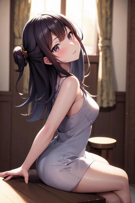 masterpiece, best quality, highres, 1girl, sitting, from side, shaft head tilt <lora:shaft_head_tilt2:1.0>