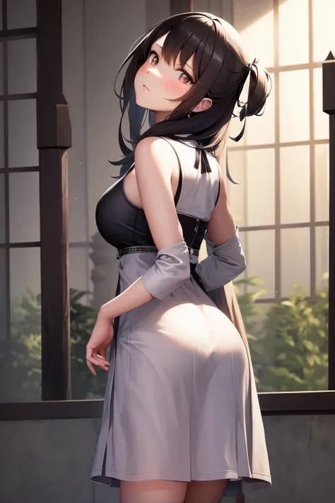 masterpiece, best quality, highres, 1girl, standing, from behind, shaft head tilt <lora:shaft_head_tilt2:1.0>