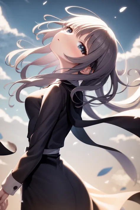 masterpiece, best quality, highres, 1girl, expressionless, wind blowing, standing, from behind, looking at viewer, shaft head tilt <lora:shaft_head_tilt2:1.4>