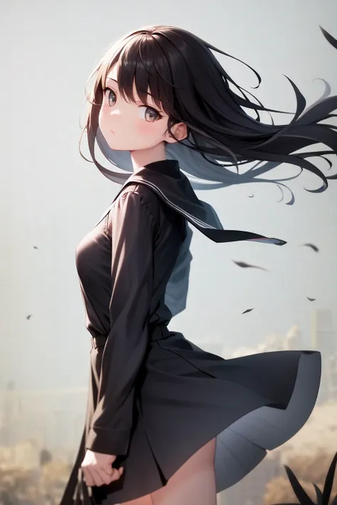 masterpiece, best quality, highres, 1girl, expressionless, wind blowing, standing, from side, looking at viewer, shaft head tilt <lora:shaft_head_tilt2:0.5>