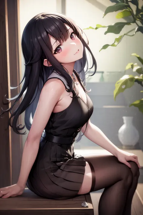 masterpiece, best quality, highres, 1girl, sitting, from side, shaft head tilt  <lora:shaft_head_tilt2:1.0>