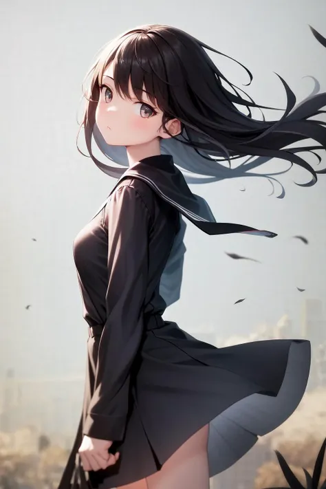 masterpiece, best quality, highres, 1girl, expressionless, wind blowing, standing, from side, looking at viewer, shaft head tilt <lora:shaft_head_tilt2:0.5>