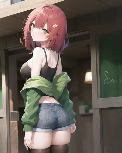 green_eyes,red_hair, blush, collarbone, , solo, 1girl, Erio, <lora:Erio_v0.3:0.45>,Erio_casual, cleavagornament, black_tank_top, denim_shorts, off_shoulder, black thighhighs, striped, green_jacket, striped_thighhighs, short_hair, masterpiece, best quality, highres, 1girl, expressionless, wind blowing, standing, from behind, looking at viewer, shaft head tilt, <lora:shaft head tiltAkii:0.8>