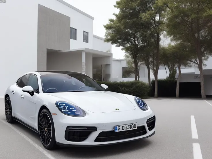 1porsche-panamer,white color,right front view,parked in a white room with a white wall behind it and a black rim <lora:lora-majic-2porsche-panamer2-000018:0.7>