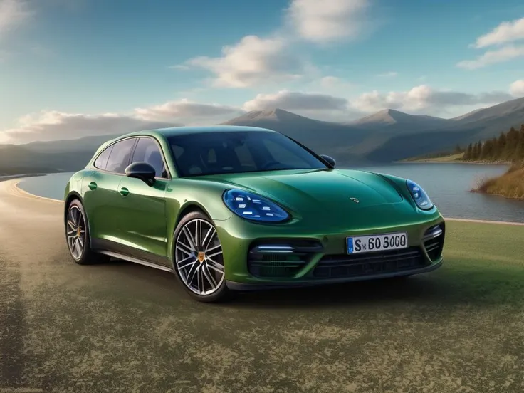 1porsche-panamer,bright green color,right back view, driving down a highway near a lake and mountains in the background with a blue sky and some clouds <lora:lora-majic-2porsche-panamer2-000022:0.6>