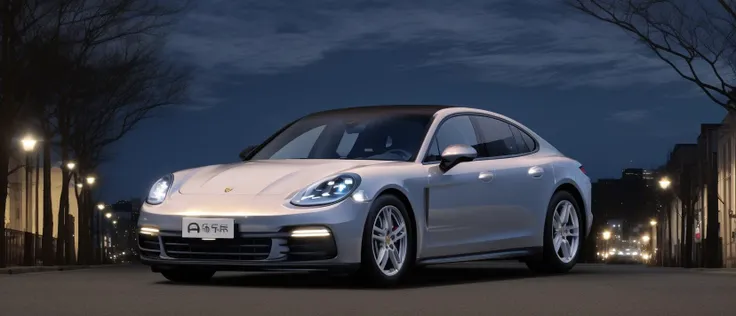 1porsche-panamer,bright white color, right back view, driving down a city street at night time with a building in the background<lora:lora-majic-2porsche-panamer2-000022:0.6>