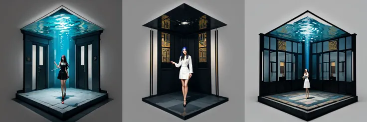 (otherworldly, otherworldly atmosphere, otherworldly appearance), highly insanely detailed, masterpiece, top quality, best quality, highres, 4k, 8k, RAW photo, 
((ancient egyptian theme:1.2)), Hong Kong structure, building, structure, taiwan, korean, 
swirling energy, 
tentacle, 
(underwater), 
reflection, reflective floor, 
abandoned building, overgrown with vegetation, [volumetric fog], cinematic lighting, colorful, colourful, 
(long_hair, long hair, random colors hair, glowing hair, hair over one eye, long messy hair), 
(eyelashes, eyeliner, eyeshadow, eyelashes, long eyelashes), 
collar, earrings, jewelry, necklace, armlet, 
high-heels, 
nsfw, 
cleavage, perfect female body, makeup, 
action pose, 
drunk, biting, 
dawn, 
(hexagonal composition:1.4), woman, lab coat, metal floor, metal door, scientific equipment, screens, (simple background:1.2), <lora:hexagon_composition_03:0.8>, (fantasy world)