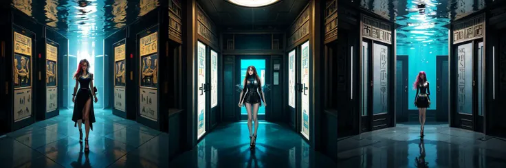 (otherworldly, otherworldly atmosphere, otherworldly appearance), highly insanely detailed, masterpiece, top quality, best quality, highres, 4k, 8k, RAW photo, 
((ancient egyptian theme:1.2)), Hong Kong structure, building, structure, taiwan, korean, 
swirling energy, 
tentacle, 
(underwater), 
reflection, reflective floor, 
abandoned building, overgrown with vegetation, [volumetric fog], cinematic lighting, colorful, colourful, 
(long_hair, long hair, random colors hair, glowing hair, hair over one eye, long messy hair), 
(eyelashes, eyeliner, eyeshadow, eyelashes, long eyelashes), 
collar, earrings, jewelry, necklace, armlet, 
high-heels, 
nsfw, 
cleavage, perfect female body, makeup, 
action pose, 
drunk, biting, 
dawn, 
hexagonal composition, woman, lab coat, metal floor, metal door, scientific equipment, screens, simple background, <lora:hexagon_composition_03:0.6>, (fantasy world)