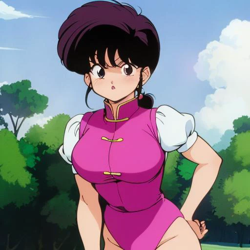 80SANIMESTYLE, best quality, masterpiece:1.2, female Ranma Saotome, leotard, full body, standing, Expression embarrassed, Highly Detailed Face, visible face,