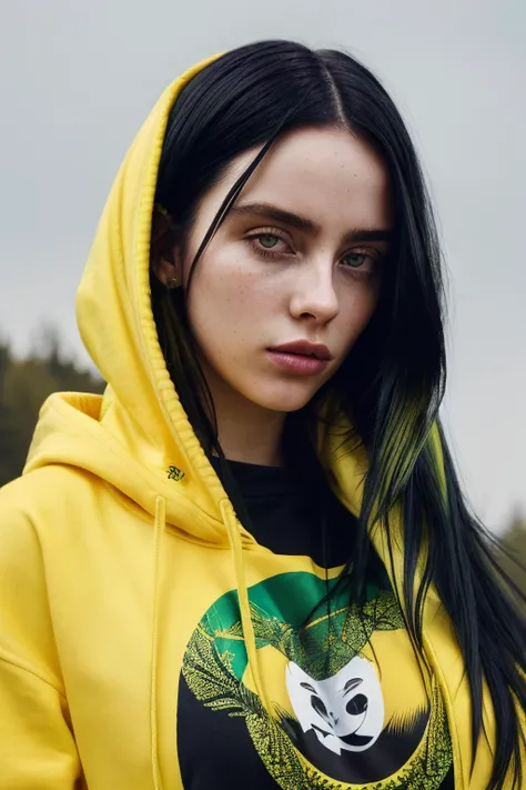 A stunning intricate full color portrait of 20years old sks woman <lyco:locon_billie_v1_from_v1_64_32:1.0>, long black and green hair, wearing an oversized yellow hoodie, epic character composition, (highly detailed skin:1.3), pores, by ilya kuvshinov, alessio albi, nina masic, sharp focus, natural lighting, subsurface scattering, f2, 35mm, film grain, <lora:locon_bdh_v1_from_v1_64_32:1>, <lora:more_details:0.8>, <lora:epi_noiseoffset2:0.7>, <lora:Elixir:1>
