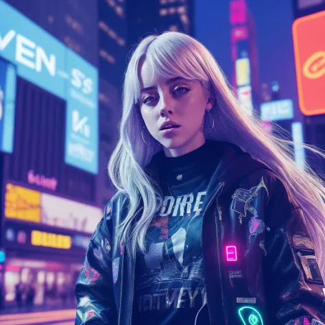 sks woman, cyberpunk, loose fitting clothes, 21 years old, sks woman, blonde, (freckles:0.4), natural blue eyes, billie eilish, hyperrealism, masterpiece, neon, advertisments, big city, shops, technolody, digital, screens, people,<lyco:locon_billie_v1_from_v1_64_32:1.2>