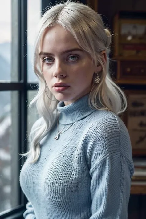 sks woman, updo hair, blue turtleneck sweater, silver necklace, winter, cold lighting, mountains and fjord in background, long shot, full body, <lyco:locon_billie_v1_from_v1_64_32:1.3>, full sharp, detailed face, looking at viewer, eye contact, (8k, RAW photo, best quality, masterpiece:1.2),ultra-detailed, (high detailed skin:1.2), 8k uhd, dslr, soft lighting, high quality