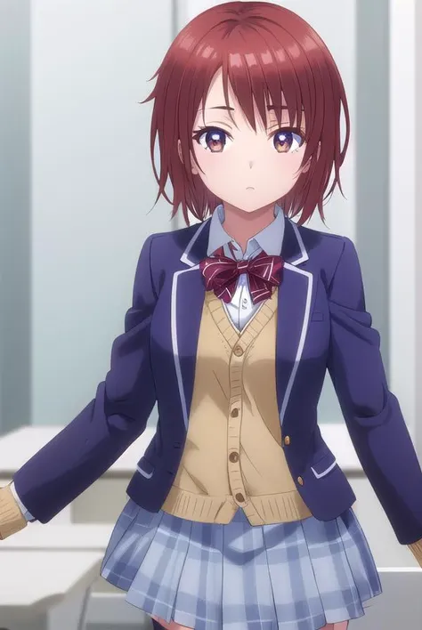 chitoseshirakawa, <lora:chitose shirakawa s1-lora-nochekaiser:1>,
chitose shirakawa, short hair, (brown eyes:1.5), red hair,
BREAK skirt, bow, school uniform, jacket, pleated skirt, plaid, plaid skirt, blazer, cardigan,
BREAK indoors, classroom,
BREAK looking at viewer, (cowboy shot:1.5),
BREAK <lyco:GoodHands-beta2:1>, (masterpiece:1.2), best quality, high resolution, unity 8k wallpaper, (illustration:0.8), (beautiful detailed eyes:1.6), extremely detailed face, perfect lighting, extremely detailed CG, (perfect hands, perfect anatomy),