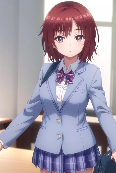 chitoseshirakawa, <lora:chitose shirakawa s1-lora-nochekaiser:1>,
chitose shirakawa, short hair, (brown eyes:1.5), red hair,
BREAK skirt, bow, school uniform, jacket, pleated skirt, plaid, plaid skirt, blazer, cardigan,
BREAK indoors, classroom,
BREAK looking at viewer, (cowboy shot:1.5),
BREAK <lyco:GoodHands-beta2:1>, (masterpiece:1.2), best quality, high resolution, unity 8k wallpaper, (illustration:0.8), (beautiful detailed eyes:1.6), extremely detailed face, perfect lighting, extremely detailed CG, (perfect hands, perfect anatomy),