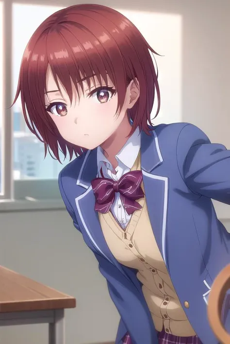 chitoseshirakawa, <lora:chitose shirakawa s1-lora-nochekaiser:1>,
chitose shirakawa, short hair, (brown eyes:1.5), red hair,
BREAK skirt, bow, school uniform, jacket, pleated skirt, plaid, plaid skirt, blazer, cardigan,
BREAK indoors, classroom,
BREAK looking at viewer, (cowboy shot:1.5),
BREAK <lyco:GoodHands-beta2:1>, (masterpiece:1.2), best quality, high resolution, unity 8k wallpaper, (illustration:0.8), (beautiful detailed eyes:1.6), extremely detailed face, perfect lighting, extremely detailed CG, (perfect hands, perfect anatomy),