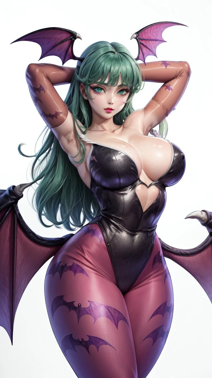 (1girl, solo, masterpiece, 4k, best quality:1.2, ((cowboy shot)), best quality:1.2, NICE HANDS, COLORFUL, (perfect hands, perfect anatomy)),
morrigan aensland, green eyes, green hair, long hair, blunt bangs, head wings, pink lips, leotard, bare shoulders, orange bridal gauntlets, bat wings, purple pantyhose, bat print, black footwear, ((UNDERBOOB)), ((arms up, hands behind head)),
((big breasts, big hips, looking at the viewer, cleavage)),
((simple background, white background)), <lora:GoodHands-vanilla:1>