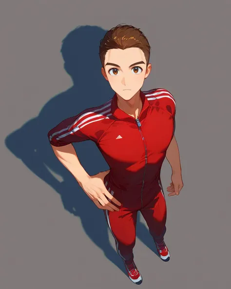 score_9_up score_8_up score_7_up, source_anime, source_anime, rating_safe,
wide angle, from above, looking at viewer,
1boy, red tracksuit, muscular, brown hair,
hand in waist,
flat background, no background, simple background,