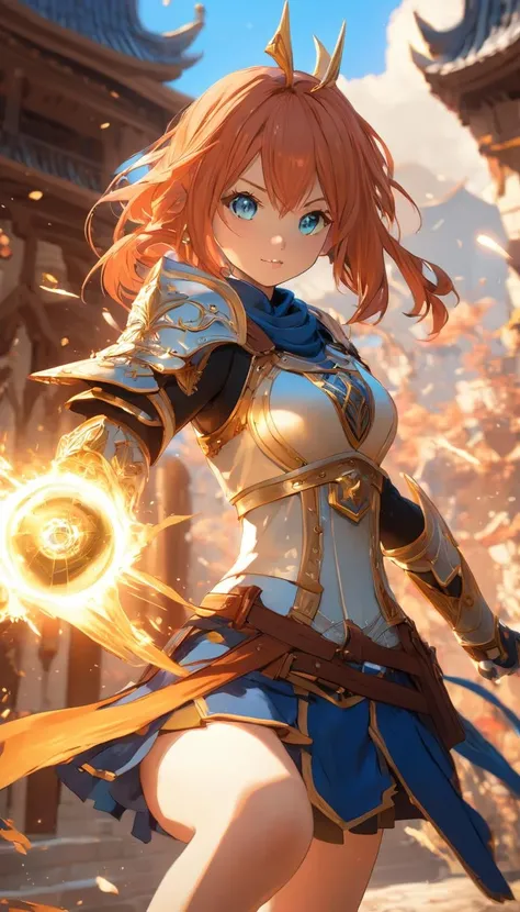 1girl, female paladin, fantasy, extremely detailed piercing eyes, hero view, action pose, cinematic scene, scenery, detailed background, masterpiece, best quality, high quality, highres, absurdres, very detailed, high resolution, sharp, sharp image, 8k, vivid, colorful, Hyanna Natsu <lora:hyanna_natsu_xl_v1:1>