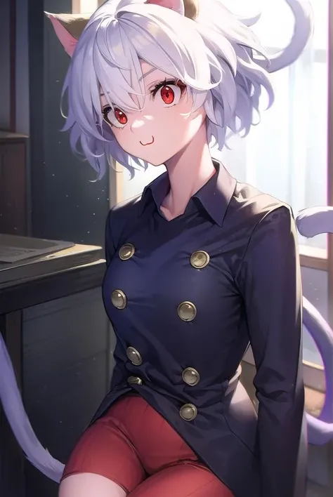 Neferpitou, Neferpitou, short hair, (Red eyes:1.5), Animal ears, Hair between the eyes, tail, Gray Hair, Cat ear, cat tail, Cat girl, Curly Hair,
break long sleeves, Shorts, Striped, button, brown Shorts, shirt, collared shirt, blue shirt,
break looking at viewer,
break indoors, classroom, (Cowboy Shot:1.5),
break (masterpiece:1.2), highest quality, High resolution, unity 8k wallpaper, (figure:0.8), (beautiful detailed eyes:1.6), extremely detailed face, Perfect lighting, extremely detailed CG, (Perfect hands, Perfect Anatomy),
